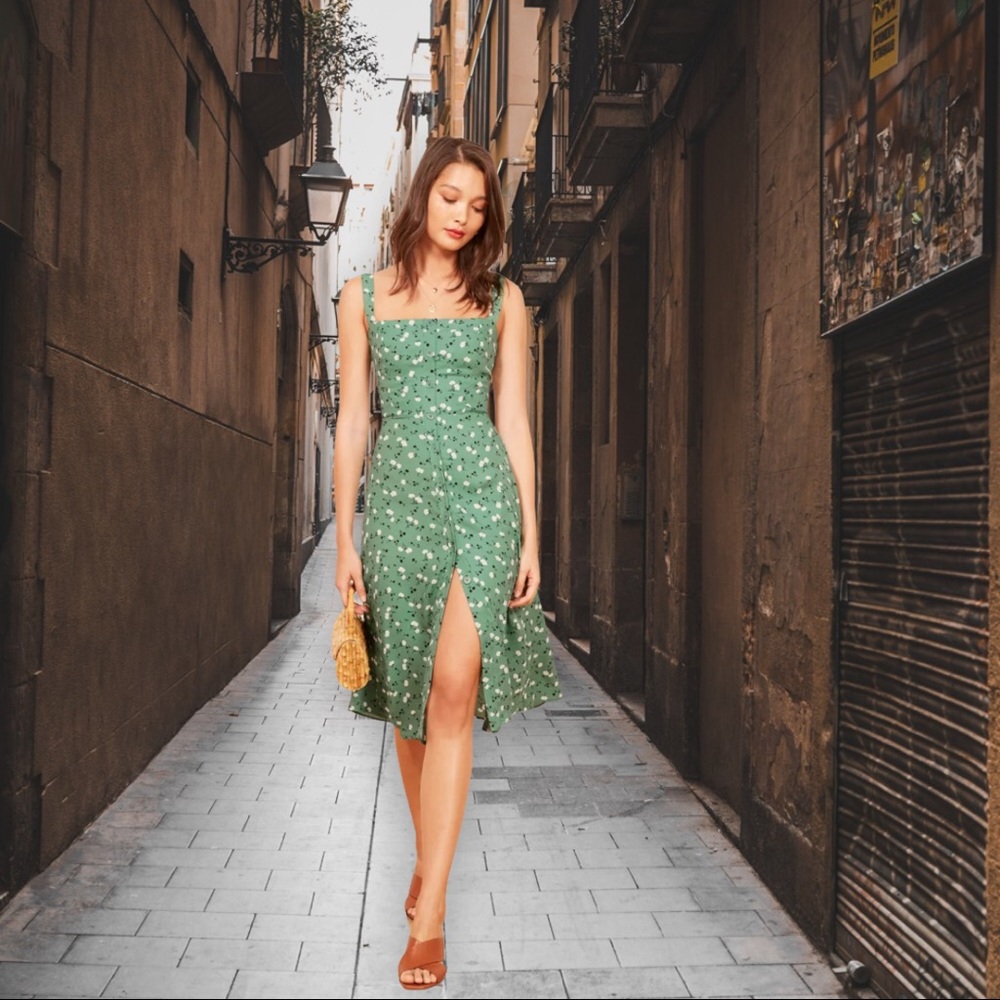 Reformation  Green Floral Midi Persimmon Dress 12